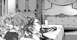 1boy 2girls ass ass_cleavage bed bed_sheet bedroom blush boots butt_crack closed_eyes clothed_sex couch french_kiss greyscale group_sex hair_ornament indoors kissing long_hair lying monochrome multiple_girls mythra nintendo nipples on_back on_bed pyra rex_(xenoblade) sex short_hair short_shorts shorts straight sweat threesome tongue tongue_out wardrobe xenoblade_(series) xenoblade_chronicles_2 yuuki_shin