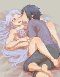 1boy 1boy1girl 1girls amajiki_tamaki artist_request blue_eyes blue_hair bra clothed_male cuddling elf_ears embrace embracing feet female hadou_nejire happy hugging legs_around_partner lingerie long_hair male male/female my_hero_academia nejire_hado pointy_ears snuggle snuggling straight sweet tamaki_amajiki underwear wholesome