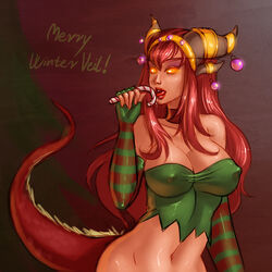 1girls alexstrasza big_breasts blizzard_entertainment busty candy candy_cane christmas christmas_theme cleavage dragon dragon_tail female_only horns huge_breasts large_breasts licking long_hair milf nipple_bulge orange_eyes pinup red_hair sienna solo suggestive suggestive_look world_of_warcraft