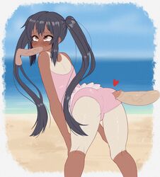 1girls ass azusa_nakano_(k-on!) beach bent_forward black_hair blush butt duke_wintermaul fellatio hi_res highres k-on! ocean oral penis sand swimsuit tan_skin tanline teenager thighs twintails young_savage