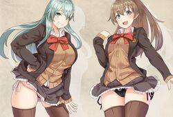 2girls aqua_eyes aqua_hair bangs black_panties blazer blue_eyes blush bow bowtie breasts brown_hair brown_jacket brown_legwear brown_skirt eyebrows_visible_through_hair frilled_skirt frills grin hand_on_hip high_ponytail jacket kantai_collection konoshige_(ryuun) kumano_(kantai_collection) large_breasts long_hair long_sleeves lowleg lowleg_panties multiple_girls open_mouth panties pleated_skirt ponytail red_bow red_bowtie ryuun_(stiil) school_uniform side-tie_panties skirt smile striped striped_panties suzuya_(kantai_collection) thighhighs thighs underwear white_panties