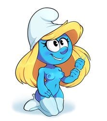 1girls alternate_version_available big_eyes biting_lip black_eyes blonde_hair blue_skin breasts female female_focus female_only gametimeasia high_heels humanoid jerk_off_motion motion_lines nipples on_knees small_breasts smurfette teeth the_smurfs thick_thighs thighhighs thighs wide_hips