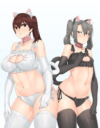 2girls absurdres black_legwear black_panties breast_envy breasts brown_eyes brown_hair cat_lingerie cleavage elbow_gloves flat_chest franham gloves green_hair hand_on_own_thigh highres kaga_(kantai_collection) kantai_collection large_breasts meme_attire multiple_girls panties photoshop_(medium) short_hair thighhighs twintails underwear white_legwear yellow_eyes zuikaku_(kantai_collection)