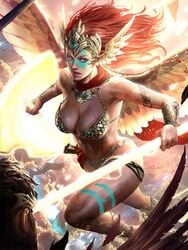 1girls armband bikini_armor blue_eyes bracelet cleavage detailed_background electricity face_paint female female_only headband looking_at_viewer magic rabbit_tooth_(artist) red_hair scarf shield spear valkyrie wings