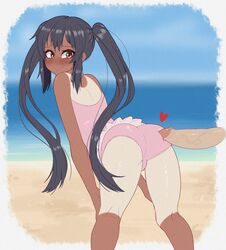 1girls ass azusa_nakano_(k-on!) beach bent_forward black_hair duke_wintermaul hi_res highres k-on! looking_back ocean penis sand swimsuit tan_skin tanline thighs twintails young_savage