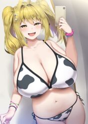 bikini blonde_hair breasts cleavage cow_print cow_print_bikini cute_fang earrings hair_ornament hakai_shin haks hi_res huge_breasts navel plump saaya_(kirome) selfie smartphone twintails virtual_youtuber yellow_eyes