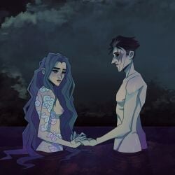 1boy 1boy1girl 1girls age_difference arcane arcane_jinx black_eye black_hair blue_hair casual female freckles holding_hands human jinx_(league_of_legends) league_of_legends long_hair male nipples nude nude_female nude_male pale_skin riot_games river scar scar_across_eye sideboob silco_(arcane) small_breasts tattoo tattoo_on_arm tattoo_on_chest tattooed_arm villanified