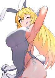 +_+ animal_ears arm_behind_head armpits bangs bare_shoulders blonde_hair blush breasts bunny_ears bunny_tail clothing dress elbow_gloves fake_animal_ears female gloves large_breasts legwear licking_lips long_hair looking_at_viewer one_arm_up one_eye_closed pantsu pelvic_curtain shokuhou_misaki short_dress side-tie_panties sideboob sideless_outfit sikijou77o simple_background skj_77o smile solo tail thighhighs thighs to_aru_kagaku_no_railgun to_aru_majutsu_no_index tongue tongue_out underwear white_background white_dress white_gloves white_legwear yellow_eyes