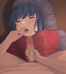 1boy absurdres blue_hair censored closed_eyes female finger_in_mouth highres male_pubic_hair masturbation mosaic_censoring niizuka_(c-drop) opening_mouth penis pov pubic_hair shima_rin sleep_molestation sleeping sleeping_bag straddling teeth yurucamp