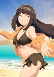 1girls ass beach belly_button bikini black_bikini black_hair black_skirt black_swimsuit breasts bubble_ass bubble_butt cleavage clothed clothing female female_focus female_only hoodie hyuuga_hinata jacket light-skinned_female light_skin lips lipstick long_hair looking_at_viewer naruto naruto:_the_last naruto_(series) naruto_shippuden ocean outdoors outside pale-skinned_female pale_skin pink_lips pink_lipstick pinup pose posing purple_eyes shounen_jump smile smiling solo solo_female solo_focus standing stayaliveplz swimsuit thick_thighs thighs voluptuous