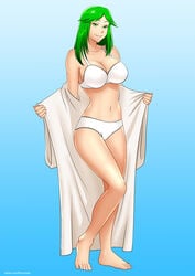 1girls age_progression aged_up bathrobe bra breasts clothed cougar eyes_half_open female flashing green_eyes green_hair kid_icarus mature_female milf nintendo oo_sebastian_oo open_bathrobe palutena panties pantsu pinup seductive seductive_smile smile solo solo_female underwear wrinkles