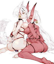 2girls absurdres animal_ears areolae arms_behind_back ass back bangs barefoot bell black_choker black_nails bondage borrowed_character bound bound_arms bound_legs breast_press breasts choker colored_skin dildo ear_tag food_stem from_behind grey_eyes hair_between_eyes hair_ornament hairclip highres horns large_breasts long_hair looking_at_viewer looking_back multicolored_hair multiple_girls neck_bell nipples nude object_insertion oni oni_horns orange_eyes original pointy_ears pussy_juice red_hair red_oni red_skin rope scar sex_toy short_hair simple_background sitting softmode streaked_hair sweat tail vaginal_object_insertion vaginal_penetration very_long_hair wariza white_background white_hair wolf_ears wolf_girl wolf_tail