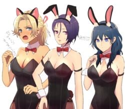 3girls alternate_costume blue_eyes blue_hair breasts bunny_ears bunny_girl bunnysuit byleth_(fire_emblem) byleth_(fire_emblem)_(female) catherine_(fire_emblem) cleavage disinterested emotionless expressionless female female_only fire_emblem fire_emblem:_three_houses large_breasts lineup nintendo purple_eyes purple_hair shamir_nevrand teal_hair yukiyanagi_raki