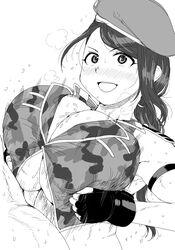 1boy 1girls alternate_breast_size asian asian_female big_breasts blush breast_hold breasts camo_shirt cum cum_between_breasts cum_stain ejaculation ejaculation_between_breasts engulfing_paizuri female greyscale happy hat heavy_breathing huge_breasts idolmaster idolmaster_cinderella_girls kaiman_garupan large_breasts long_hair looking_at_partner motion_lines open_mouth open_smile paizuri paizuri_lead_by_female paizuri_on_lap paizuri_under_clothes penis ponytail smile straight sweat tank_top upper_body yamato_aki