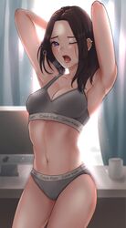 1girls 2021 adorable arms_up bare_legs belly_button bra breasts brown_hair calvin_klein cute female female_only grey_underwear indoors medium_breasts one_eye_closed panties purple_eyes samsung samsung_sam slim_waist solo stretching thighs tinnies underwear waking_up yawning