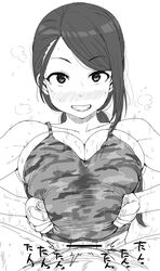 1boy 1girls alternate_breast_size asian asian_female big_breasts blush breast_hold breasts camo_shirt cum cum_between_breasts cum_stain ejaculation ejaculation_between_breasts engulfing_paizuri female greyscale happy heavy_breathing huge_breasts idolmaster idolmaster_cinderella_girls kaiman_garupan large_breasts long_hair looking_at_viewer motion_lines paizuri paizuri_lead_by_female paizuri_on_lap paizuri_under_clothes ponytail pov pov_eye_contact smile straight sweat tank_top yamato_aki