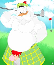 anthro avian bbulala beak disney duck ducktales flintheart_glomgold furry glasses golf golf_club hat kilt male penis red_pubic_hair solo white_feathers