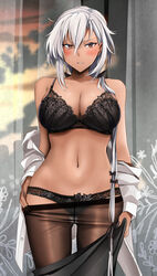 absurdres alternate_hairstyle black_bra black_legwear black_nails black_panties blush bra breasts brown_eyes cleavage clothes_pull collarbone dark-skinned_female dark_skin feet_out_of_frame female fingernails hair_between_eyes highres kantai_collection large_breasts long_hair musashi_(kantai_collection) nail_polish navel open_mouth panties pantyhose pantyhose_pull silver_hair solo underwear yunamaro