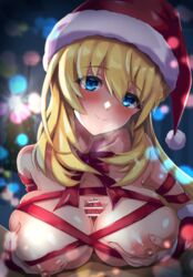 agnes_claudel blonde_hair blue_eyes blush bow breasts breathing censored christmas cleavage eiyuu_densetsu female hat highres kuro_no_kiseki long_hair looking_at_viewer mussyu_danachan naked_ribbon nipples paizuri penis precum precum_drip ribbon ribboned_body santa_hat smile