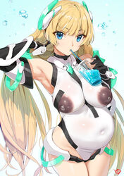 angela_balzac armpit bangs bare_shoulders blonde_hair blue_eyes bodysuit brown_nipples dark_nipples detached_sleeves drinking expelled_from_paradise female female_only gloves gradient_background headgear highleg highleg_leotard large_areolae large_breasts leotard long_hair looking_at_viewer nipples_visible_through_clothing pregnant rakuen_tsuihou see-through_clothing skin_tight solo third-party_edit twintails very_long_hair yang-do