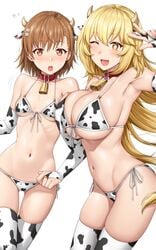 2020s 2021 2girls bell big_breasts blonde_hair blush bra breasts brown_hair collar cow_print cow_print_thighhighs female_only hi_res horns light-skinned_female light_skin long_hair misaka_mikoto open_mouth panties peace_sign shokuhou_misaki small_breasts smile socks starry_eyes stars stockings stomach take_your_pick teenage_girl teenager thick_thighs thigh_socks thighhighs thighs thin_waist to_aru_kagaku_no_railgun to_aru_majutsu_no_index tummy white_socks yakimi_27 yellow_eyes young