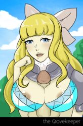 1girls areolae bangs blonde_hair blue_eyes breasts charlotte_(fire_emblem) cleavage female_focus fire_emblem fire_emblem_fates huge_breasts long_hair looking_at_viewer nintendo nipples open_mouth outdoors paizuri pov smile solo_focus the_grovekeeper upper_body