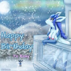 anthro ass aurora_borealis balcony birthday birthday_gift blubluumon blue_hair breasts clothed clothing duo eeveelution female feral glaceon hair hi_res ice jacket looking_away looking_up lucario male male/female moon nintendo nipples pokemon pokemon_(species) snow standing topwear video_games