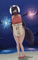 1girls animal_ears artist_name beach big_breasts black_hair bottomless breasts chinese_clothes chinese_dress clothed clothed_female commission face_mask female female_only fireworks footwear glasses holding_object kemonomimi long_hair looking_at_viewer mitsuki_(hanns33694210) moon nepdraws night original original_character outside petite purple_ears purple_eyes purple_hair purple_tail red_clothing red_footwear red_shoes sand shoes sleeveless solo solo_female standing stars thighs water wolf_ears wolf_girl wolf_tail