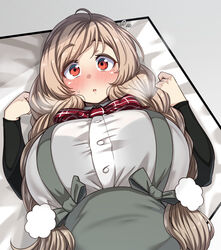 big_breasts blush bra_visible_through_clothes braided_hair female female_only fully_clothed kantai_collection light_brown_hair long_hair long_sleeves looking_at_viewer minegumo_(kantai_collection) on_back red_eyes ryuun_(stiil) surprised suspenders sweatdrop tight_clothing upper_body visible_breath