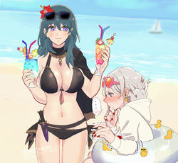 2girls alternate_costume bikini black_bikini black_swimsuit breasts byleth_(fire_emblem) byleth_(fire_emblem)_(female) byleth_(summer)_(fire_emblem)_(female) edelgard_von_hresvelg female fire_emblem fire_emblem:_three_houses fire_emblem_heroes nail_polish nintendo official_alternate_costume outdoors outside red_nails swimsuit undressing yukiyanagi_raki yuri