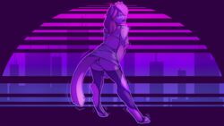 anthro bodily_fluids breasts clothing covering covering_self domestic_cat felid feline felis female genital_fluids genitals legwear looking_at_viewer looking_back mammal mid_transformation purple_body pussy pussy_juice solo stockings synthwave tongue tongue_out torn_clothing watsup