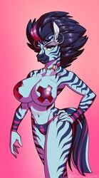 absurd_res anthro big_breasts blue_eyes breasts clothing dark_hair dark_tail ear_piercing ear_ring equid equine fan_character female hand_on_hip heart hi_res highlights_(coloring) hoop_ear_ring jewelry lapinbeau mammal necklace panties pasties piercing rockstar signature smile solo stripes underwear wristband zebra