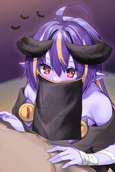 absurdres ahoge arunira bangs bare_shoulders bat blonde_hair blush brll colored_skin commentary_request erection eyebrows_visible_through_hair fellatio fellatio_under_mask fellatio_under_veil female highres horns mouth_veil multicolored_hair off_shoulder oral original penis pointy_ears purple_background purple_hair purple_skin red_eyes see-through solo_focus streaked_hair veil