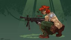 1girls advance_wars ass boots butt_crack clothed clothing female female_only firearm gun hardtones human light-skinned_futanari light_skin mostly_clothed no_panties pale_skin red_hair rifle sami_(advance_wars) solo squatting underboob weapon