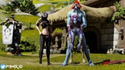 1boy 3girls annoyed blizzard_entertainment blood_elf light-skinned_female outside partially_clothed pleasure_face stand_and_carry_position standing standing_sex straight strap-on troll troll_(warcraft) troll_female tshask vaginal_penetration void_elf world_of_warcraft