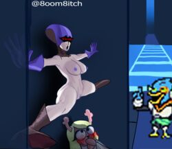 1boy 2girls 8oom8itch age_difference avian berdly blue_feathers blue_nipples darkner deer deltarune deltarune_alley_scene deltarune_chapter_2 female interspecies lightner mature_female milf noelle_holiday queen_(deltarune) robot spread_legs sprite tagme white_body yuri