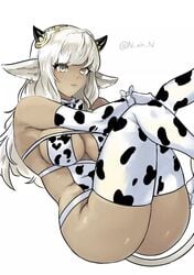 1girls ash_(fire_emblem) ass bare_thighs big_ass breasts cow_girl cow_print dark-skinned_female dark_skin earrings elbow_gloves eyepatch_bikini female_only fire_emblem fire_emblem_heroes gloves grey_eyes grey_hair long_hair medium_breasts n_ah_n nintendo pointy_ears pout solo tail thighhighs thighs white_background year_of_the_ox yellow_eyes