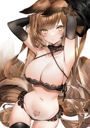 1girls animal_ears armpits arms_up bare_thighs black_bra black_gloves black_legwear black_panties bra breasts brown_hair collar commentary elbow_gloves english_commentary female female_only fox_ears fox_girl fox_tail gloves highres lingerie looking_at_viewer mole mole_on_breast navel original panties pubic_tattoo tail tattoo thighhighs thighs underwear yellow_eyes yukineko1018