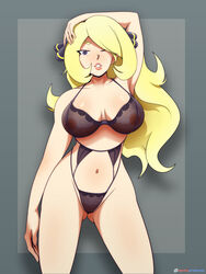 blonde_hair breasts cynthia_(pokemon) hi_res lace lace-trimmed_bra lace-trimmed_panties lingerie lips looking_at_viewer nintendo nipples pokemon pokemon_bdsp pokemon_dppt spottyartslewd uncensored underwear