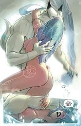 1boy 1girls animal_ears anthro ass blue_hair breasts comic dialogue duo embrace female furry humanoid kemonomimi light-skinned_female male mirka_andolfo nude source_request text wolf