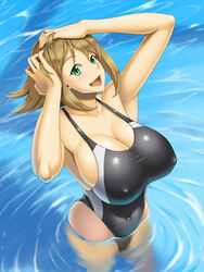 arms_up bare_shoulders blush breasts brown_hair cleavage competition_swimsuit covered_navel covered_nipples day eyebrows_visible_through_hair female green_eyes hands_in_hair huge_breasts kantai_collection kawanuma_uotsuri looking_at_viewer mutsu_(kantai_collection) one-piece_swimsuit open_mouth outdoors shiny shiny_hair shiny_skin short_hair solo standing swimsuit wading water