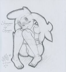 2021 anthro blush bodily_fluids feet female floppy_ears genital_fluids genitals graphite_(artwork) knees_pulled_up legendary_pokemon looking_at_viewer lunaris_parukia nintendo nude pokémon_(species) pokemon pokemon_(species) pokemorph pussy pussy_juice shaymee_(lunaris_parukia) shaymin sitting sky_forme_shaymin solo traditional_media_(artwork) video_games