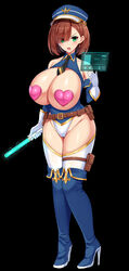 1girls belt black_background boots brown_hair cap earrings electronics female female_only green_eyes headset heart_pasties holographic_screen huge_breasts large_breasts long_gloves looking_at_viewer necktie original pasties pink_heart_pasties pink_pasties revealing_clothes shake(pixiv) short_hair thick_thighs