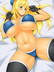 abs atago_(kantai_collection) bikini black_gloves black_legwear blonde_hair blue_bikini blush breasts cameltoe covered_nipples eyebrows_visible_through_hair female gloves green_eyes hat kantai_collection kawanuma_uotsuri large_breasts long_hair looking_at_viewer lying midriff navel smile solo spread_legs swimsuit thighhighs underboob