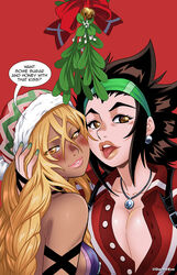 2futas 2girls amber_eyes blush christmas christmas_hat clothed clothed_female clothed_futanari darkereve dialogue exposed_breasts futanari golden_eyes green_eyes green_headband green_nails honey_(darkereve) jagua_tales light-skinned_female looking_at_viewer mistletoe pale-skinned_female red_background shiny_skin sugar_(darkereve) talking_to_viewer tan-skinned_female tongue_out yellow_eyes