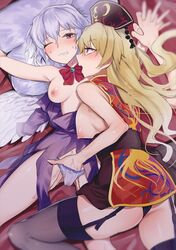 2girls angel_wings areolae bangs bed_sheet black_legwear blush bow bowtie breasts breasts_out chinese_clothes clenched_teeth commentary_request commission dress eyelashes feathered_wings female_masturbation full-face_blush garter_straps gunnjou_yosio holding_hands junko_(touhou) large_areolae long_hair looking_at_viewer lying masturbation multiple_girls nipples no_bra on_back on_bed one_eye_closed open_clothes open_mouth panties phoenix_crown pillow pom_pom_(clothes) puffy_nipples purple_dress purple_panties red_bow red_bowtie red_eyes red_neckwear sagume_kishin shiny shiny_hair short_hair sidelocks silver_hair single_wing skeb_commission sweat sweatdrop tabard tassel teeth thighhighs touhou underwear wings yuri