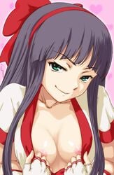 1girls black_hair blue_eyes bow breasts cleavage_reach cosplay erect_nipples face female female_only fingerless_gloves frown gloves hairbow headband highres hyouka kouchi_ayako long_hair looking_at_viewer medium_breasts nakoruru nakoruru_(cosplay) naughty_face nipple_slip nipples no_bra rasukaru red_bow samurai_shodown smile snk solo teasing upper_body