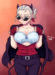 blind blue_bra blush bra breasts cleavage demon demon_girl demon_horns demon_tail female helltaker horns justice_(helltaker) looking_at_viewer looking_over_eyewear looking_over_glasses looking_over_sunglasses open_clothes open_shirt presenting presenting_breasts sunglasses sweat sweatdrop tagme tail tinted_eyewear tsukudani_(coke-buta) white_eyes white_hair