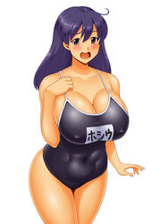 abs ahoge blush breasts bursting_breasts cleavage collarbone competition_school_swimsuit crying crying_with_eyes_open curvy embarrassed female huge_breasts kantai_collection kawanuma_uotsuri long_hair looking_at_viewer name_tag open_mouth plump purple_hair school_swimsuit shiny shiny_skin simple_background solo sweat swimsuit tears thick_thighs thighs ushio_(kantai_collection) white_background