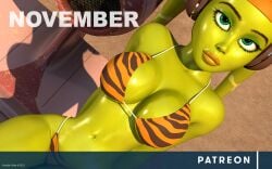 1girls big_breasts bikini breasts calendar_pinup cleavage clothed clothing english_text female_focus female_only green_eyes hera_syndulla hi_res kondaspeter looking_at_viewer navel pose revealing_clothes shortstack solo star_wars star_wars_rebels text twi'lek watermark